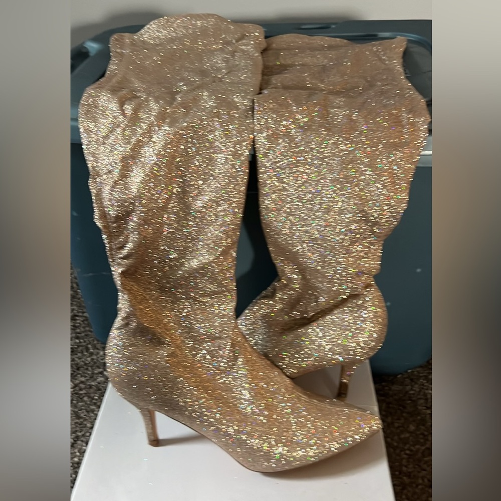 Allegra K Gold Glitter women's over the knee boots